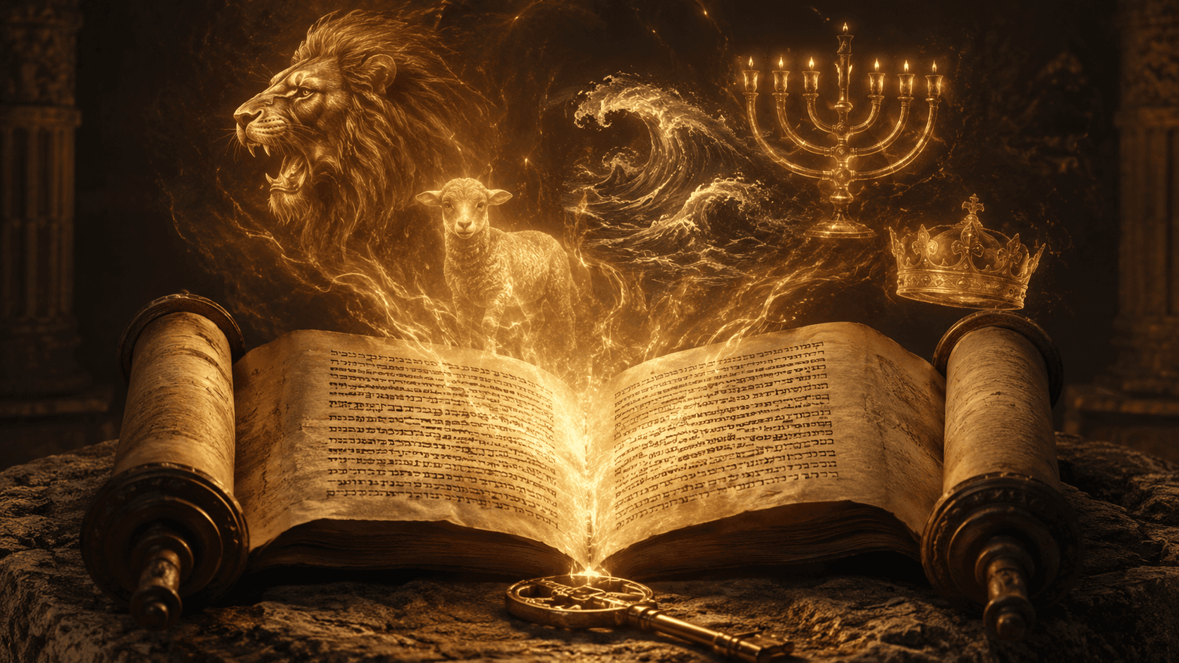 The Bible Symbols chart — a lion, a lamb, the waters, the lampstand, a crown, and a key radiating from an open scroll