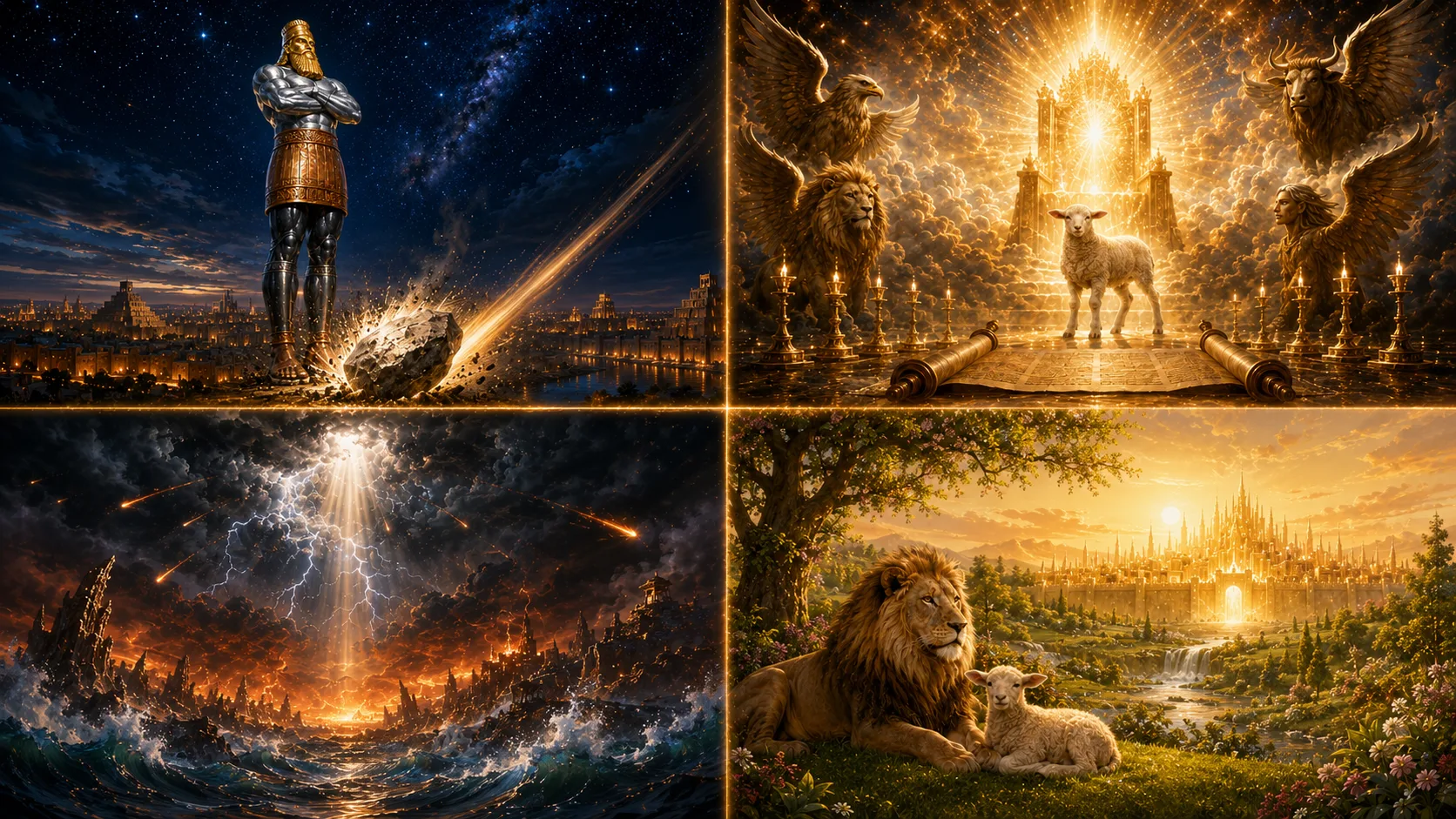 Four scenes of Bible prophecy — Daniel's image struck by the stone, the throne of Revelation, the final crisis, and the restored kingdom