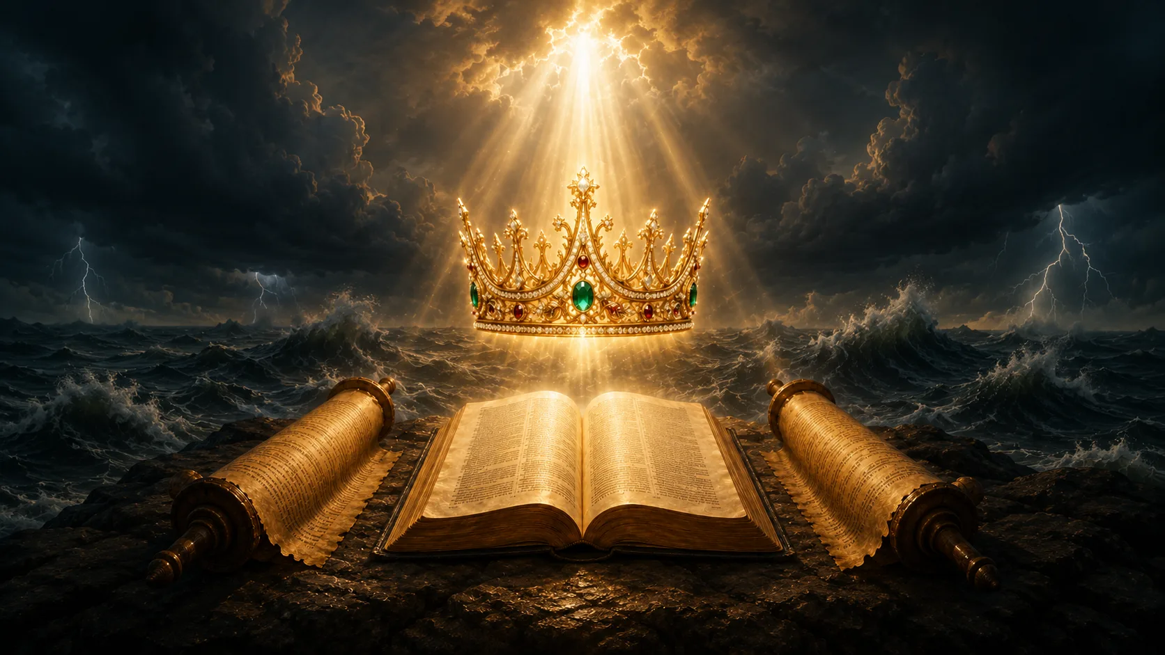 An open Bible and two scrolls beneath a radiant crown — the Word, the prophets, and the King